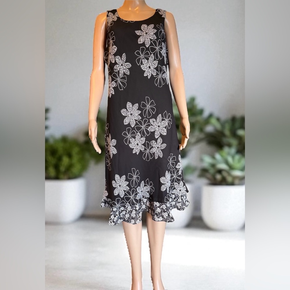 Studio 1 Womens Petite14P Black Floral A-Line Midi Dress Sleeveless Romantic